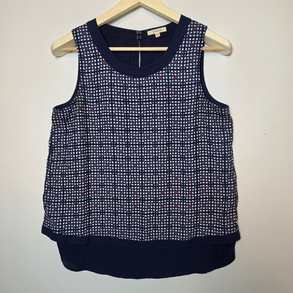 Pleione Geometric Grid Print Sleeveless High-Low Blouse Navy Blue Small